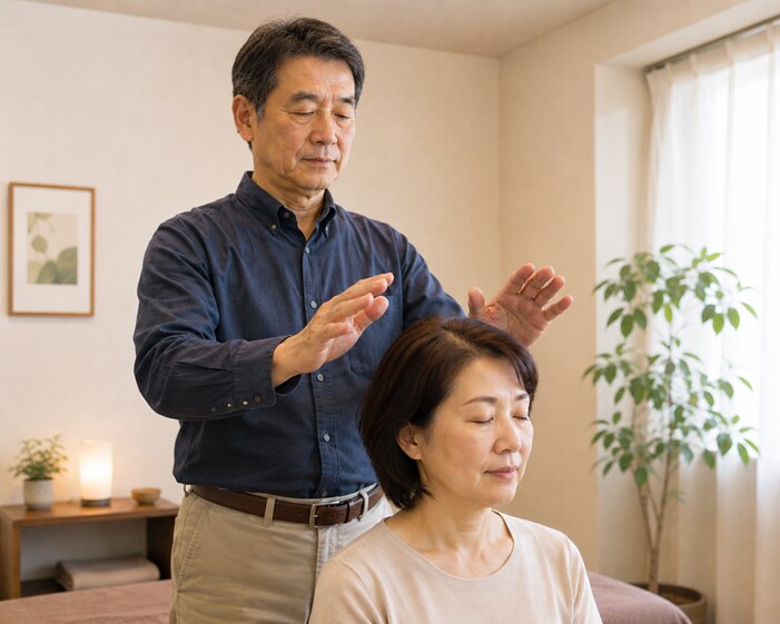 身体の状態を確認しながら施療する様子